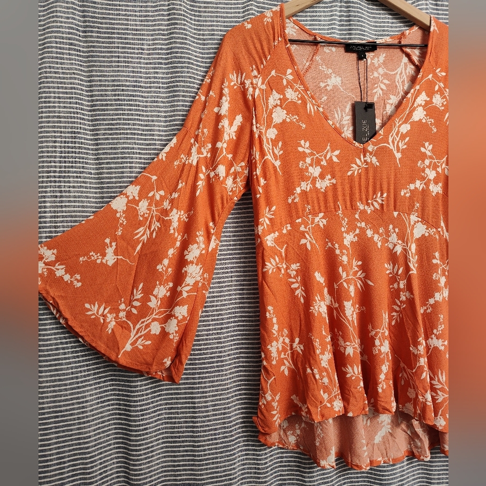Rachel Zoe Orange Bell Sleeve Floral Botanical High-Low Blouse Large Viscose